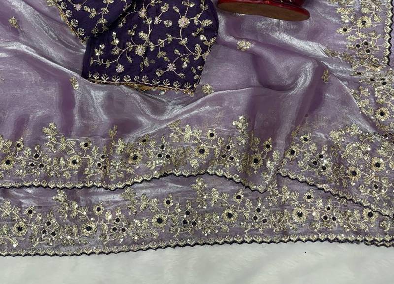 Lavender Color Sequence embroidery work Organza Saree