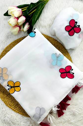 White Color THAREDE GAMTHI BUTTERFLY WORK GEORGETTE  SAREE