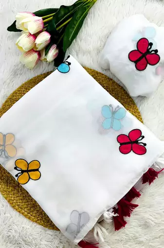 White Color THAREDE GAMTHI BUTTERFLY WORK GEORGETTE  SAREE