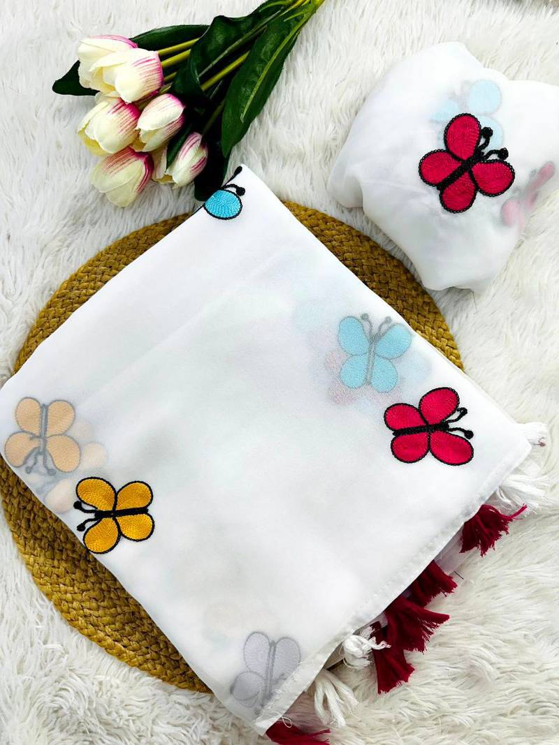 White Color THAREDE GAMTHI BUTTERFLY WORK GEORGETTE  SAREE