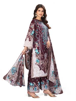 Magenta  color crepe silk printed women unstitched dress material 2