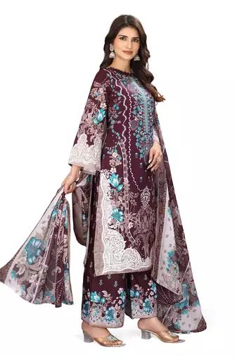 Magenta  color crepe silk printed women unstitched dress material