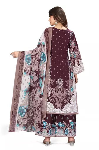 Magenta  color crepe silk printed women unstitched dress material