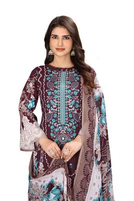 Magenta  color crepe silk printed women unstitched dress material 4