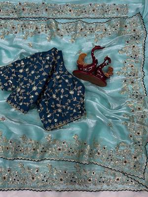 Blue Color Sequence embroidery work Organza Saree 1