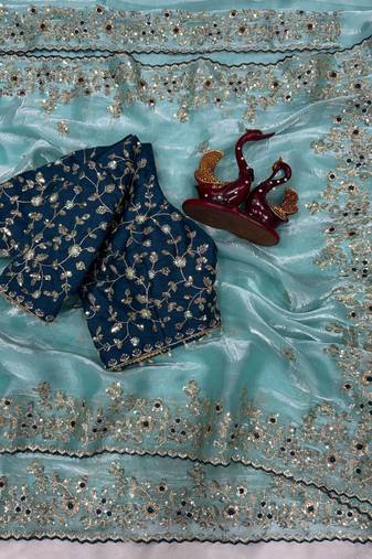 Blue Color Sequence embroidery work Organza Saree