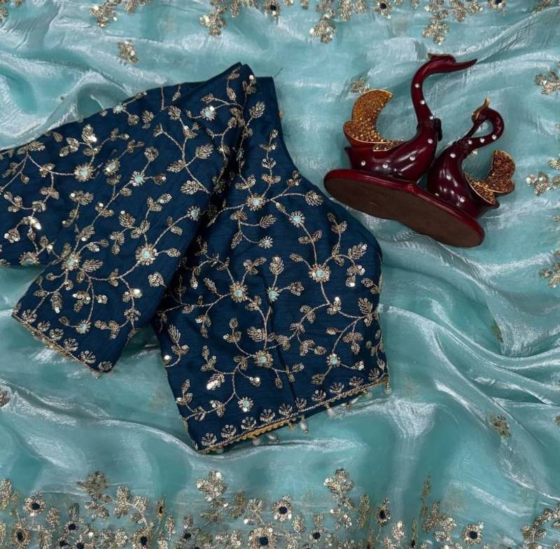 Blue Color Sequence embroidery work Organza Saree