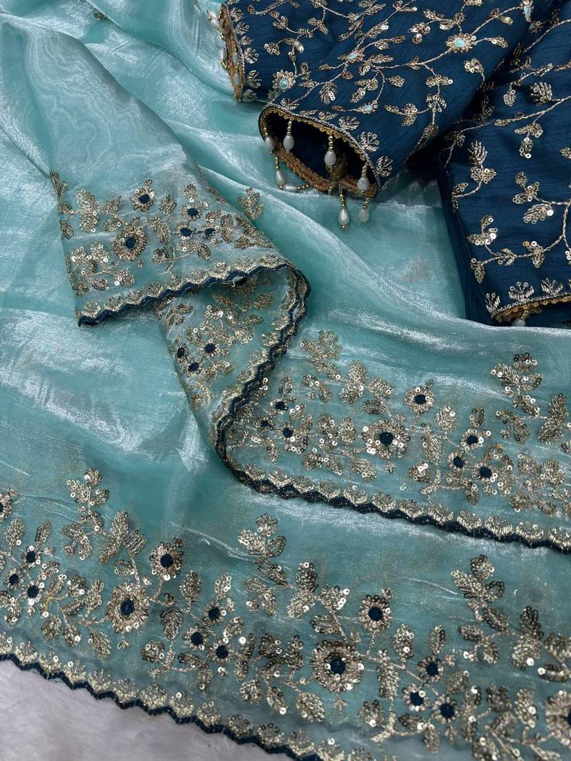 Blue Color Sequence embroidery work Organza Saree