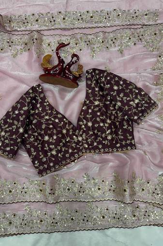 Pink Color Sequence embroidery work Organza Saree