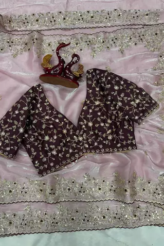 Pink Color Sequence embroidery work Organza Saree