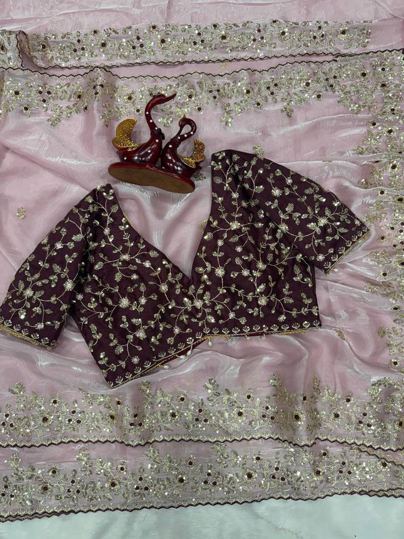 Pink Color Sequence embroidery work Organza Saree