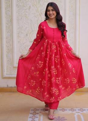 Red zari & sequins embroidered work silk blend stitched kurta 1