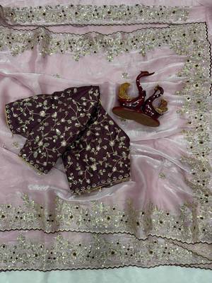 Pink Color Sequence embroidery work Organza Saree 2