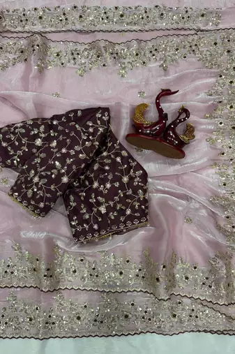 Pink Color Sequence embroidery work Organza Saree