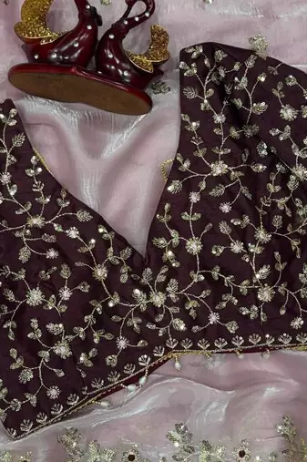 Pink Color Sequence embroidery work Organza Saree