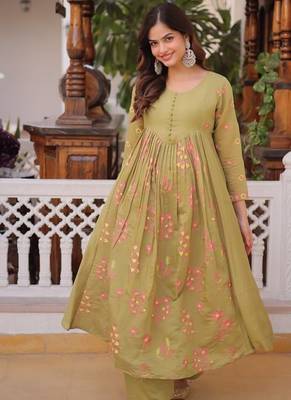 Light green zari & sequins embroidered work silk blend stitched kurta 1