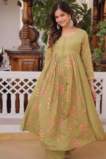 Light green zari & sequins embroidered work silk blend stitched kurta