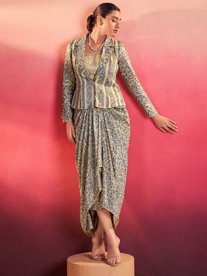 Gorgeous Blue Event Wear Crop Top With Drape Lehenga And Jacket 1