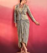 Gorgeous Blue Event Wear Crop Top With Drape Lehenga And Jacket