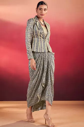 Gorgeous Blue Event Wear Crop Top With Drape Lehenga And Jacket