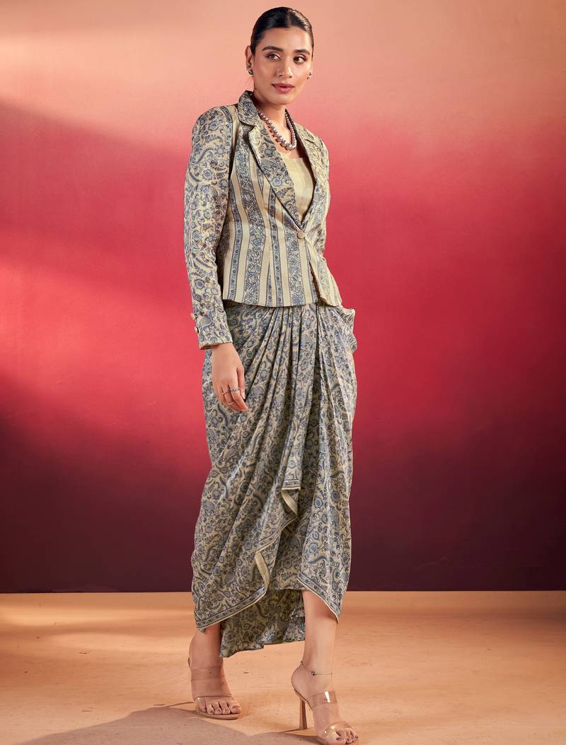 Gorgeous Blue Event Wear Crop Top With Drape Lehenga And Jacket