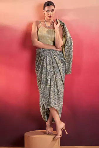 Gorgeous Blue Event Wear Crop Top With Drape Lehenga And Jacket