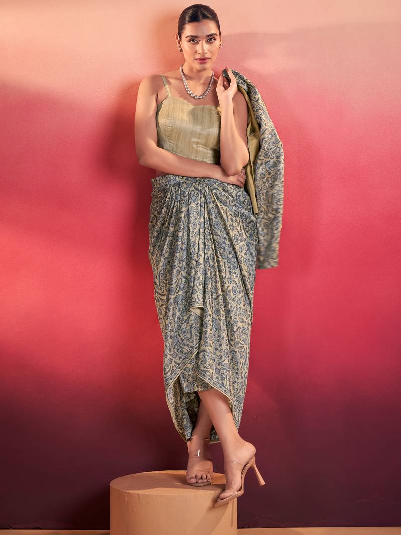 Gorgeous Blue Event Wear Crop Top With Drape Lehenga And Jacket