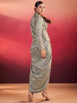 Gorgeous Blue Event Wear Crop Top With Drape Lehenga And Jacket 4