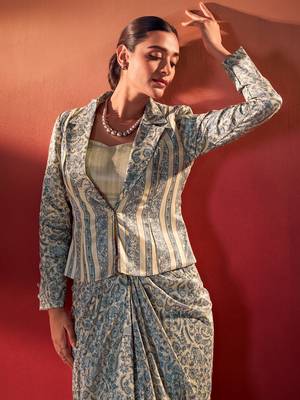 Gorgeous Blue Event Wear Crop Top With Drape Lehenga And Jacket 5