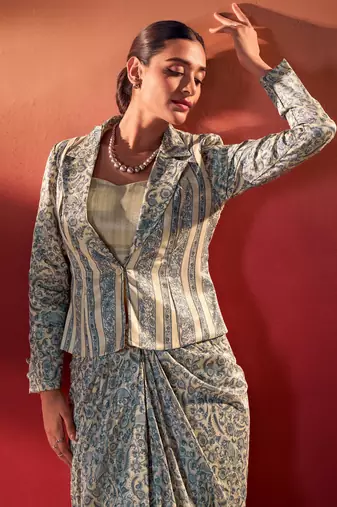 Gorgeous Blue Event Wear Crop Top With Drape Lehenga And Jacket