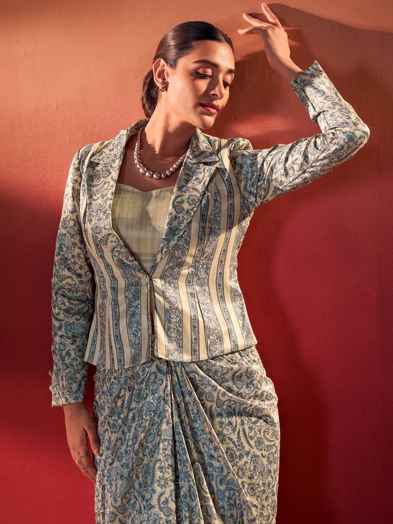 Gorgeous Blue Event Wear Crop Top With Drape Lehenga And Jacket