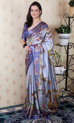 Lavender tussar silk kalamkari print zari woven border saree with contrast blouse piece 1