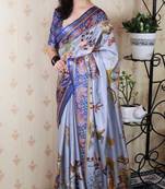 Lavender tussar silk kalamkari print zari woven border saree with contrast blouse piece