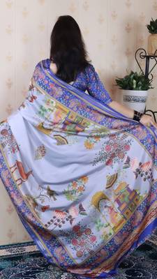 Lavender tussar silk kalamkari print zari woven border saree with contrast blouse piece 2