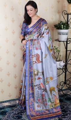 Lavender tussar silk kalamkari print zari woven border saree with contrast blouse piece 3