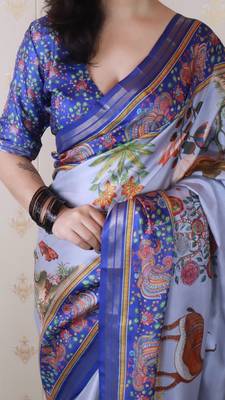 Lavender tussar silk kalamkari print zari woven border saree with contrast blouse piece 4