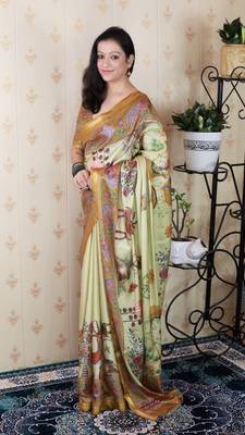 Green tussar silk kalamkari print zari woven border saree with contrast blouse piece 1