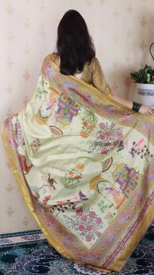 Green tussar silk kalamkari print zari woven border saree with contrast blouse piece 2
