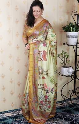 Green tussar silk kalamkari print zari woven border saree with contrast blouse piece 3