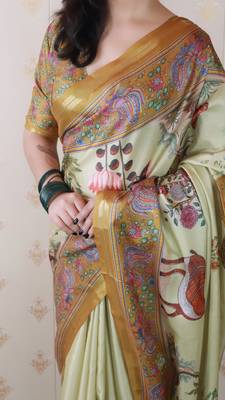 Green tussar silk kalamkari print zari woven border saree with contrast blouse piece 4