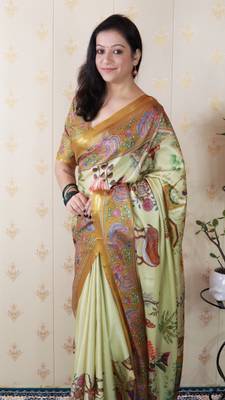 Green tussar silk kalamkari print zari woven border saree with contrast blouse piece 5