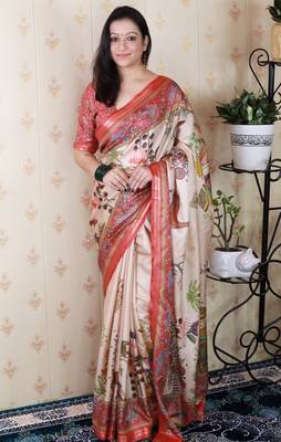 Beige tussar silk kalamkari print zari woven border saree with contrast blouse piece 1