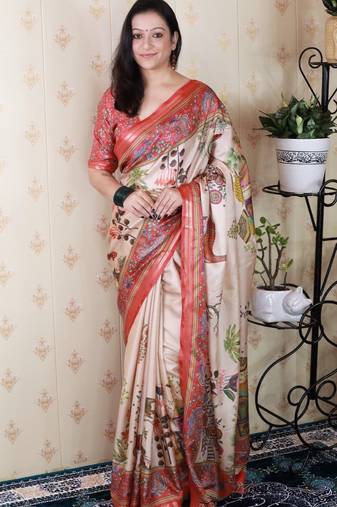 Beige tussar silk kalamkari print zari woven border saree with contrast blouse piece