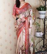 Beige tussar silk kalamkari print zari woven border saree with contrast blouse piece