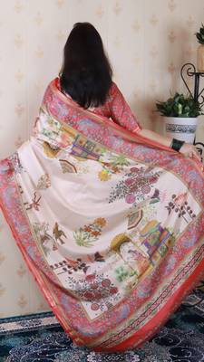 Beige tussar silk kalamkari print zari woven border saree with contrast blouse piece 2