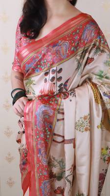 Beige tussar silk kalamkari print zari woven border saree with contrast blouse piece 4