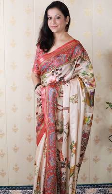 Beige tussar silk kalamkari print zari woven border saree with contrast blouse piece 5
