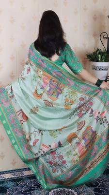 Sea green tussar silk kalamkari print zari woven border saree with contrast blouse piece 2