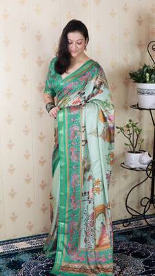Sea green tussar silk kalamkari print zari woven border saree with contrast blouse piece 3