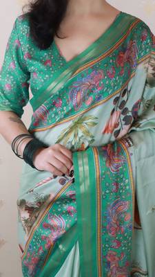 Sea green tussar silk kalamkari print zari woven border saree with contrast blouse piece 4